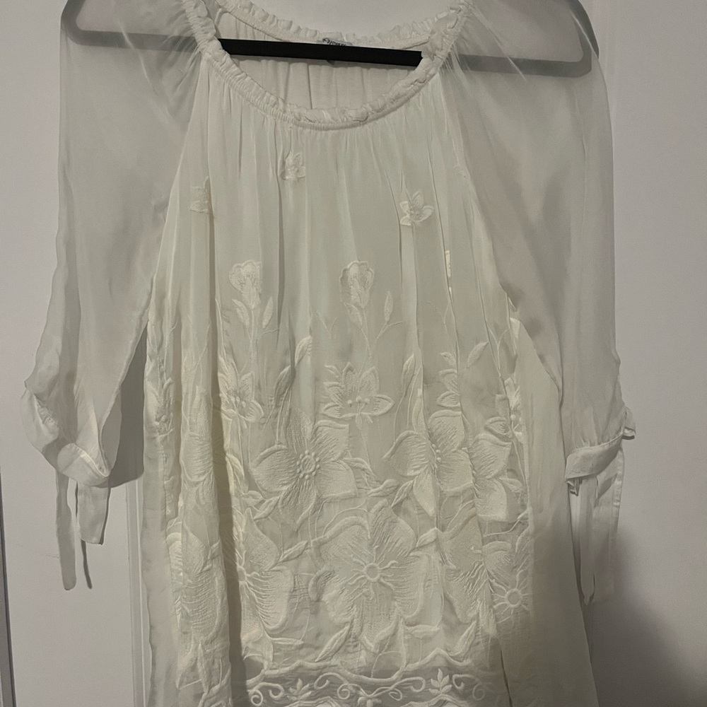 Rosemarine Sheer White Silk Blouse with Floral Details
